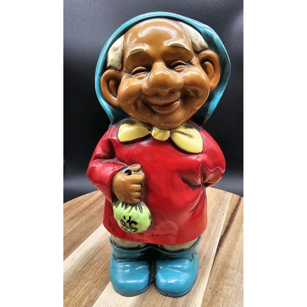 Coin Piggy Bank Gnome With Money Bag Chalk Ware Vintage 1960s‎